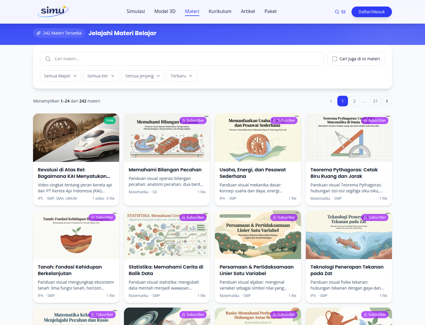 Screenshot halaman Materi Simu yang menampilkan kumpulan bahan belajar pendukung.