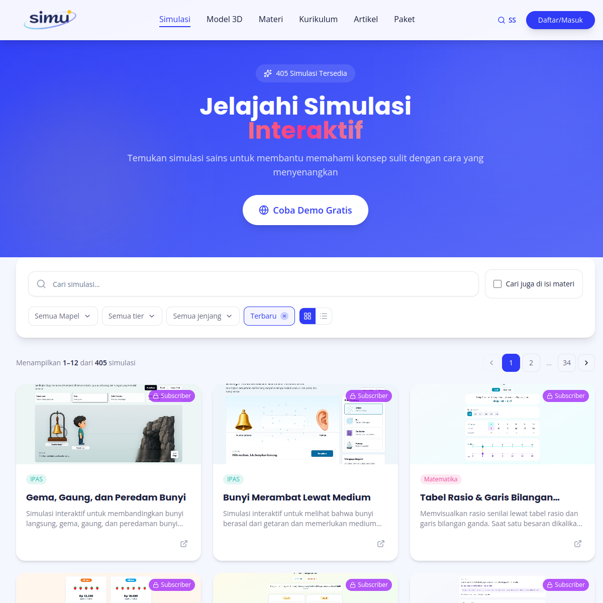 Screenshot halaman Simulasi Simu yang menampilkan daftar simulasi interaktif.